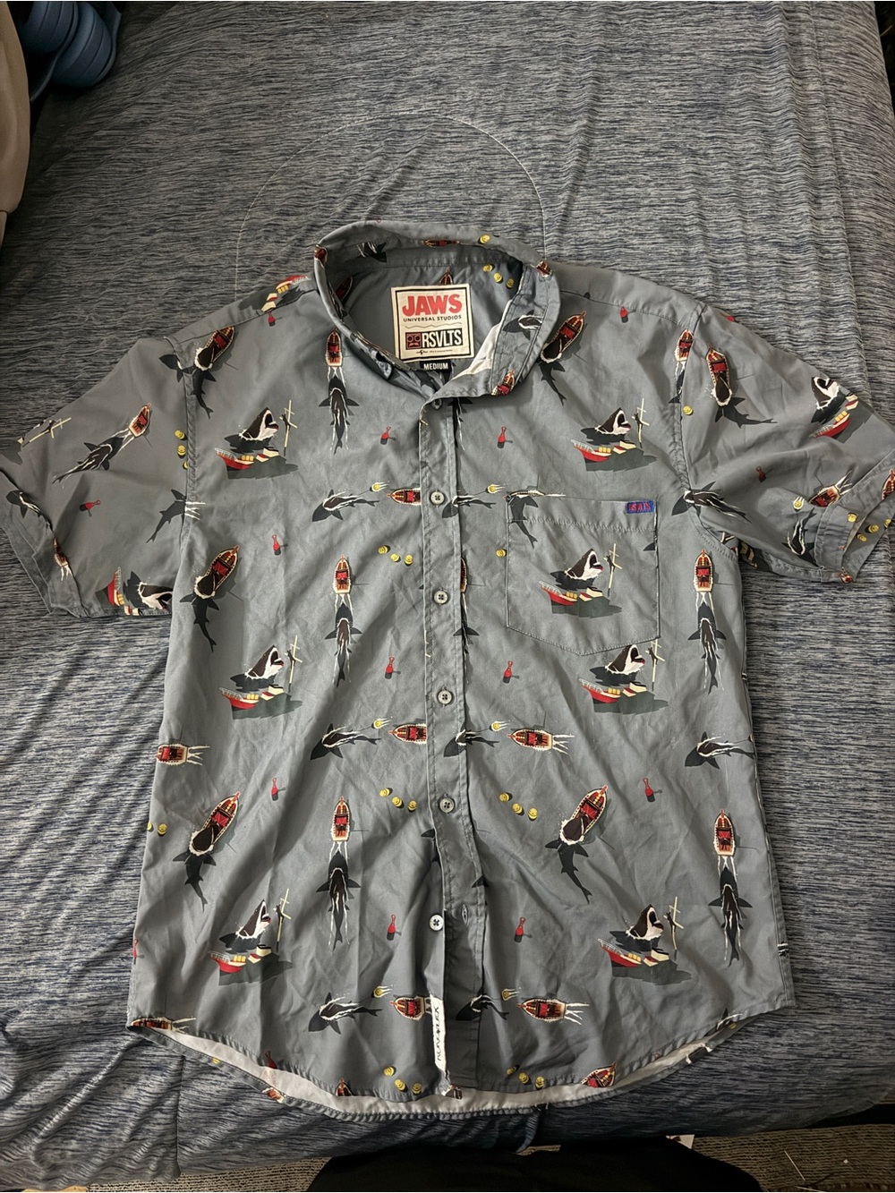 RSVLTS Gray Short-Sleeve Button-Down Shirt with Shark and Boat Print